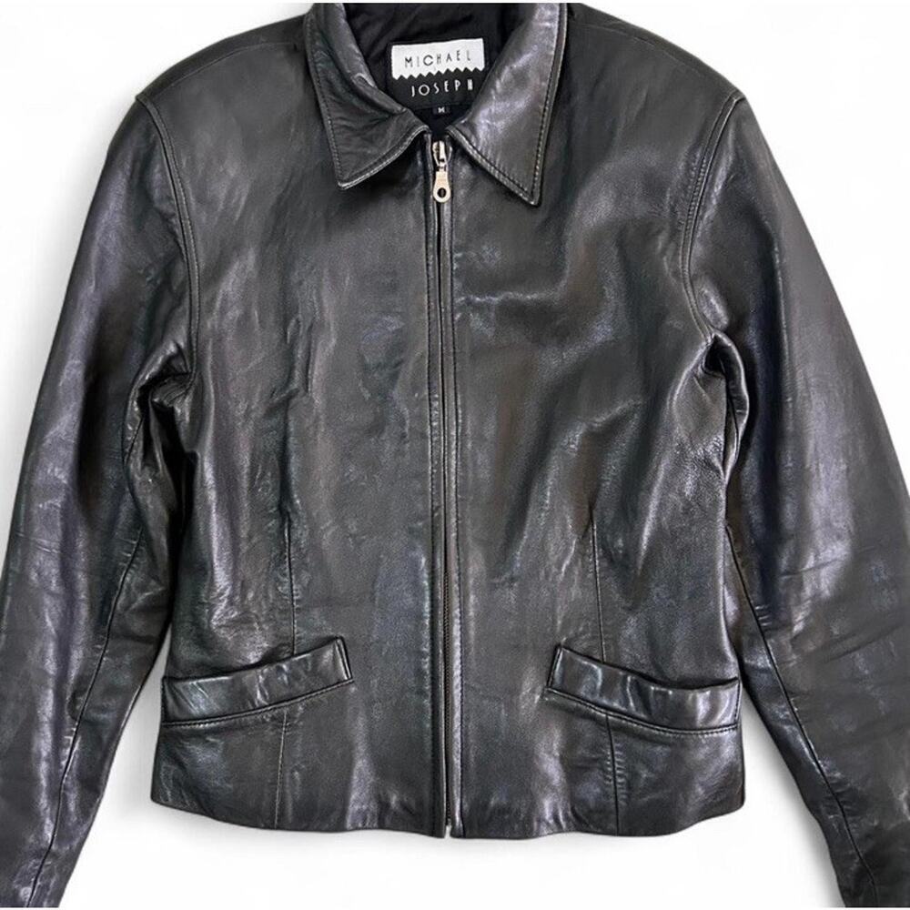 Vintage Michael Joseph Women’s Genuine Leather Black Bomber Zip Jacket Size M - Picture 4 of 8